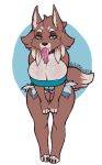  2018 anthro big_breasts big_tongue blue_eyes breasts brown_fur brown_nose canine castbound chibi claws cleavage clothed clothing collar cutoffs denim_shorts digital_media_(artwork) dipstick_tail female fur huge_breasts long_tongue looking_at_viewer mammal mature_female multicolored_tail shorts simple_background skimpy solo standing thick_thighs tongue tongue_out voluptuous wide_hips wolf 