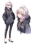  ahoge alternate_costume black_pants black_sweater casual collarbone commentary contemporary fate/grand_order fate_(series) hands_in_pockets high_heels hood hooded_sweater hoodie jeanne_d'arc_(alter)_(fate) jeanne_d'arc_(fate)_(all) looking_at_viewer looking_away multiple_views ne-on pants short_hair silver_hair simple_background sweater translated twitter_username white_background yellow_eyes 