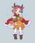  alternate_costume animal_ears antlers bell boots cape cbc_p commentary_request dress fa facial_mark fake_animal_ears fire_emblem fire_emblem:_fuuin_no_tsurugi fire_emblem_heroes forehead_mark full_body fur_trim green_eyes long_sleeves mamkute open_mouth pointy_ears purple_hair reindeer_antlers reindeer_ears sack short_hair snowflakes solo standing white_legwear 