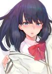  bangs black_hair blue_eyes blush cardigan clothes_pull eyebrows_visible_through_hair half-closed_eyes highres kurowa looking_at_viewer lying nose_blush on_back open_mouth parted_lips purple_eyes school_uniform simple_background sleeves_past_wrists solo ssss.gridman sweater sweater_pull takarada_rikka teeth white_background 
