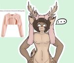  antlers blush bottomless cervine clothed clothing haht01 haht01_(artist) horn male mammal meme simple_background twitter_hoodie wardrobe_malfunction 