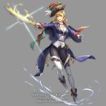  23/7 black_hat black_pants blonde_hair blue_eyes breasts cape copyright_name cuboon epaulettes flaming_sword flower full_body glint gloves hat hat_feather hat_flower medal medium_breasts official_art pants red_cape sheath solo standing watermark white_gloves white_legwear 