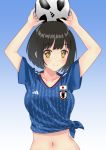  arms_up ball black_hair blue_background blue_shirt blush collarbone gradient gradient_background holding holding_ball idolmaster idolmaster_cinderella_girls japanese_flag koukoku looking_at_viewer midriff navel shiny shiny_hair shirt short_hair smile soccer_ball soccer_uniform solo sportswear stomach takafuji_kako tied_shirt upper_body yellow_eyes 