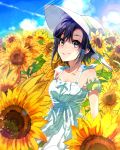  anaroguya arm_strap black_hair blue_sky breasts cleavage cloud collarbone day dress flower green_ribbon grey_eyes hair_between_eyes hat hat_flower hat_ribbon highres idolmaster idolmaster_(classic) kikuchi_makoto lens_flare looking_at_viewer medium_breasts outdoors ribbon short_hair sky sleeveless sleeveless_dress smile solo sun_hat sundress sunflower sunlight white_dress white_hat yellow_flower 