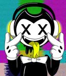  bendy bendy_and_the_ink_machine bow close-up clothing crossover demon disembodied_head fangs forked_tongue gloves headphones humanoid ink looking_at_viewer male marshmello not_furry open_mouth portrait sharp_teeth smile solo teeth tongue tongue_out unknown_artist video_games x_x 