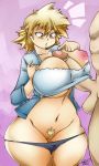  1boy 1girl bakugou_mitsuki blonde_hair boku_no_hero_academia breasts collarbone curvy dragoontequila erection eyebrows_visible_through_hair huge_breasts huge_penis navel panties panty_pull parted_lips penis pubic_hair pussy red_eyes short_hair spiked_hair testicles underwear wide_hips 