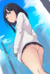 ass bangs black_hair blue_eyes cardigan commentary_request day dutch_angle from_side highres kneepits looking_at_viewer looking_back microskirt no_panties okamen outdoors parted_lips pleated_skirt school_uniform skirt solo ssss.gridman takarada_rikka thighs 