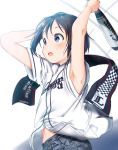  armpits arms_up baseball_bat baseball_jersey belly_peek black_hair blue_eyes blush clothes_writing commentary_request from_side highres holding_baseball_bat kurosaki_honoka mad_(hazukiken) navel open_mouth pants sash shirt short_hair short_sleeves solo sweat white_shirt yama_no_susume 