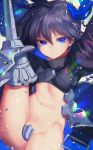  annoyed armored_boots belt_buckle black_hair black_jacket blue_bow blue_eyes boots bow buckle cosplay cropped_jacket crotch_plate fate/extra fate/extra_ccc fate/grand_order fate_(series) frown genderswap genderswap_(mtf) hair_bow high_collar highres houshin_engi jacket long_sleeves looking_at_viewer meltlilith meltlilith_(cosplay) mimoza_(96mimo414) navel revealing_clothes short_hair solo spiked_hair spikes taikoubou water_drop 