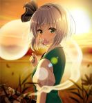  banned_artist black_hairband blurry blurry_background day flower from_side green_eyes green_nails hairband holding holding_flower konpaku_youmu konpaku_youmu_(ghost) lens_flare looking_at_viewer nail_polish outdoors shiny shiny_hair shirt short_hair short_sleeves silver_hair solo sun sword touhou upper_body weapon white_shirt yuuka_nonoko 