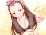  1girl blush bow breasts brown_hair cleavage downblouse dutch_angle fang hair_bow idolmaster indoors jewelry long_hair looking_at_viewer lying minase_iori necklace on_stomach red_eyes shiina_you_(tomoshibi) small_breasts solo 