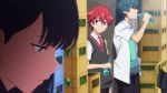  1girl 2boys bangs black_hair black_pants blue_eyes blue_eyeslooking_at_another collared_shirt glasses green_hair green_shirt hibiki_yuuta long_hair looking_at_another multiple_boys necktie open_clothes open_shirt pants red_hair red_neckwear school_uniform shirt short_hair short_sleeves ssss.gridman takarada_rikka utsumi_shou waistcoat white_shirt wing_collar 