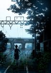  animal arm_at_side bird cable dark day facing_away grass ground_vehicle hand_up hood hoodie kneehighs leaf long_hair original outdoors plant pleated_skirt ponytail power_lines railroad_tracks scenery shoes sign skirt solo takeyan_(774gon) train train_station walking 