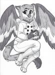  avian bird clothed clothing cocoa female greyscale gryphon inktober legwear looking_at_viewer monochrome owl pen_(artwork) simple_background sitting smile socks solo sona_(noxiis) strawberryneko traditional_media_(artwork) white_background 