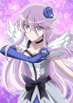  asymmetrical_gloves black_bow blue_eyes blue_flower blue_gloves bow breasts cleavage collarbone cure_moonlight dress elbow_gloves eyebrows_visible_through_hair floating_hair flower gloves grey_dress hair_between_eyes hair_flower hair_ornament hanzou heartcatch_precure! highres long_hair medium_breasts precure purple_flower purple_hair purple_rose rose shiny shiny_hair sleeveless smile solo sparkle tsukikage_yuri upper_body very_long_hair 