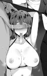  absurdres bar_censor breasts censored commentary_request condom condom_in_mouth cum cum_on_body cum_on_breasts cum_on_upper_body greyscale hidden_eyes highres large_breasts long_hair monochrome mouth_hold nipples original penis penis_on_face sketch terasu_mc topless used_condom 
