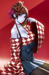  argyle argyle_kimono black_legwear blue_skin blue_skirt breasts brown_hair checkered checkered_kimono closed_fan fan folding_fan hair_bun high-waist_skirt highres holding holding_fan japanese_clothes kimono large_breasts lipstick long_hair long_sleeves looking_at_viewer makeup no_bra obaoba_(monkeyix) off_shoulder pantyhose parted_lips red_eyes single_bare_shoulder sitting skirt solo wide_sleeves yuugiri_(zombie_land_saga) zombie zombie_land_saga 