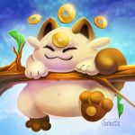  :3 ambiguous_gender barefoot close-up eyes_closed feline feral fur ko-nya mammal navel nintendo nude pawpads paws pok&eacute;mon pok&eacute;mon_(species) pok&eacute;mon_gold_beta slightly_chubby smile solo tree tsaoshin video_games 