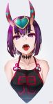  absurdres angruoxin bangs bare_shoulders breasts choker clothes_writing collarbone dudou earrings eyeshadow fangs fate/grand_order fate_(series) forehead_jewel grey_background heart highres jewelry looking_at_viewer makeup medium_breasts oni_horns open_mouth purple_eyes purple_hair saliva short_hair shuten_douji_(fate/grand_order) shuten_douji_(halloween)_(fate) solo tongue tongue_out upper_body 