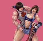  2girls abs blush brown_hair elbow_pads eyes_closed fauzy_zulvikar_firmansyah fingerless_gloves gloves grin jumpsuit kazama_asuka multiple_girls muscle muscular_female pain ryona smile sports_bra submission_hold sweat tekken torn_clothes traditional_media unzipped watercolor_(medium) wrestling wrestling_outfit yamato_nadeshiko_(street_fighter) 