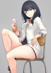  asya bangs black_hair black_skirt blue_eyes cardigan cellphone chair earbuds earphones highres long_hair looking_at_viewer microskirt orange_scrunchie phone pleated_skirt scrunchie sitting skirt smartphone solo ssss.gridman sweater takarada_rikka thighs white_cardigan white_sweater wrist_scrunchie 