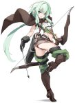  :o aqua_hair ass black_bow blush boots bow bow_(weapon) covered_nipples elf flat_chest full_body gloves goblin_slayer! green_eyes high_elf_archer_(goblin_slayer!) highres karukan_(monjya) leg_up long_hair looking_at_viewer md5_mismatch navel open_mouth partially_visible_vulva pointy_ears robe short_shorts shorts sidelocks simple_background weapon white_background 