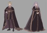  1girl ai-wa blonde_hair brother_and_sister camilla_(fire_emblem_if) cape dress european_clothes fire_emblem fire_emblem_if full_body grey_background hair_over_one_eye leon_(fire_emblem_if) purple_hair siblings simple_background wavy_hair 
