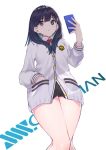  absurdres bangs black_hair black_skirt blue_eyes cardigan cellphone closed_mouth commentary_request copyright_name eyebrows_visible_through_hair hand_in_pocket hand_up highres hips holding holding_phone long_hair miniskirt phone pleated_skirt school_uniform simple_background skirt smartphone solo ssss.gridman standing takarada_rikka takubon_(xewh4773) thighs white_background 
