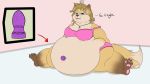  2018 anthro athan belly big_belly blue_eyes brooke brown_fur brown_hair canine clothing deep_navel digital_media_(artwork) dildo ear_piercing female fox fur hair hi_res kemono mammal midriff navel navel_fetish navel_penetration navel_poke obese overweight penetration piercing sex sex_toy tan_fur text 