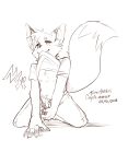  anthro bedroom_eyes canine claws clothed clothing clothing_lift cute_fangs fox half-closed_eyes jeans kneeling male mammal navel nipples pants polarissketches seductive shirt shirt_lift simple_background solo suggestive t-shirt underwear undressing 