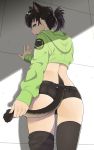  animal_ears ass black_hair blue_eyes cat_ears cat_girl cat_tail cropped_jacket from_behind green_jacket hood hood_down hooded_jacket jacket mattaku_mousuke original short_ponytail short_shorts shorts skindentation solo tail thighhighs wall 