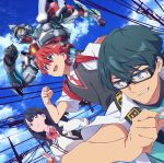  1girl 2boys album_cover backpack bag bangs black_hair blue_eyes blue_sky bow cable cardigan commentary_request cover day green_hair gridman_(ssss) hibiki_yuuta highres long_hair long_sleeves multiple_boys official_art red_hair running school_uniform shirt short_hair short_sleeves sky ssss.gridman sweater_vest takarada_rikka telephone_pole utsumi_shou white_shirt 