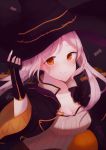  aftergardens black_background black_gloves breasts brown_eyes candy cleavage closed_mouth commentary female_my_unit_(fire_emblem:_kakusei) fingerless_gloves fire_emblem fire_emblem:_kakusei fire_emblem_heroes food gloves halloween_costume hand_on_headwear hat long_hair medium_breasts my_unit_(fire_emblem:_kakusei) pumpkin simple_background smile solo upper_body white_hair witch_hat 