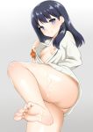  1girl arm_scrunchie ass barefoot black_hair blue_eyes breasts cardigan closed_mouth eyebrows_visible_through_hair feet female from_below gradient gradient_background long_hair long_sleeves looking_at_viewer looking_down no_panties open_cardigan open_clothes shiny shiny_skin small_breasts smile soles solo ssss.gridman suggestive_fluid takarada_rikka thighs toes toshishikisai 