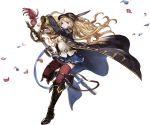  bandaid bandaid_on_face bangs black_footwear blonde_hair boots brown_eyes closed_mouth curly_hair feathers full_body granblue_fantasy hat holding holding_weapon knee_boots leg_up long_coat long_hair long_sleeves minaba_hideo miniskirt monica_weisswind official_art petals pleated_skirt serious sheath skirt solo sword thighhighs transparent_background twintails very_long_hair weapon wide_sleeves zettai_ryouiki 