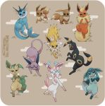  absurdres black_eyes blue_eyes brown_background brown_eyes carolina_patrao closed_mouth commentary creature creatures_(company) eevee english_commentary espeon evolution flareon full_body game_freak gen_1_pokemon gen_2_pokemon gen_4_pokemon gen_6_pokemon glaceon highres jolteon jumping leafeon nintendo open_mouth pokemon pokemon_(creature) purple_eyes red_eyes signature simple_background standing sylveon tongue tongue_out umbreon vaporeon watermark web_address 