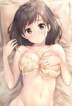  blush bow bow_bra bra bra_pull brown_eyes brown_hair collarbone commentary covering covering_one_breast highres lying medium_hair navel on_back original out-of-frame_censoring pasdar pillow solo strap_slip sweat underwear underwear_only 