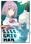  absurdres black_border bob_cut border bow commentary_request copyright_name denkou_choujin_gridman flamethrower green_background helmet highres kobayashi_sayaka lavender_hair looking_at_viewer official_art parody purple_bow scarf shinjou_akane short_hair simple_background smoke ssss.gridman weapon 