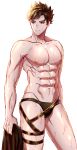  abs absurdres belial_(granblue_fantasy) black_hair chest chiharudaaaaaaa closed_mouth contrapposto granblue_fantasy highres male_focus male_swimwear nipples red_eyes simple_background solo swim_briefs swimsuit swimwear toned toned_male wet white_background 