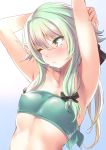  armpits arms_up bandeau blush bow closed_mouth commentary_request covered_nipples elf flat_chest goblin_slayer! gradient gradient_background green_eyes green_hair hair_between_eyes hair_bow high_elf_archer_(goblin_slayer!) highres long_hair looking_away nukkoru one_eye_closed pointy_ears sidelocks simple_background solo strapless tubetop 