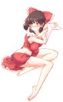  bare_legs barefoot blush bow breasts brown_hair covered_nipples detached_sleeves eyebrows_visible_through_hair hair_bow hakurei_reimu highres large_breasts looking_to_the_side non_(z-art) red_eyes red_skirt simple_background sitting skirt skirt_set solo touhou white_background wide_sleeves 