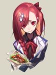  absurdres amrkdrw bow bowtie braid empty_eyes food furrowed_eyebrows girls_frontline gloves grin hair_bow hair_ornament hexagram highres holding holding_food long_hair looking_at_viewer negev_(girls_frontline) pink_hair red_bow red_eyes red_neckwear side_braid single_braid smile solo star_of_david upper_body white_gloves 