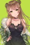  breasts brown_hair choker cleavage commentary dog_tags fur_trim girls_frontline green_eyes hand_on_hip jacket kodama_(koda_mat) long_hair looking_at_viewer nail_polish off_shoulder rfb_(girls_frontline) signature smile solo 