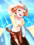  :d bangs beach blue_sky blunt_bangs breasts breasts_apart collarbone commentary crop_top crossover day downblouse english_commentary fisheye groin half-closed_eyes highres holding holding_wrench horizon koyama_mai last_exile lavie_head looking_at_viewer love_live! love_live!_sunshine!! midriff navel no_bra ocean open_mouth orange_hair outdoors parody puffy_short_sleeves puffy_sleeves ribs sagging_breasts shirt short_bangs short_hair short_sleeves sky smile solo stomach style_parody style_request vehicle_request very_short_hair wrench yellow_eyes yellow_shirt 
