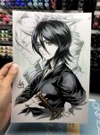  black_hair bleach closed_mouth commentary grey_eyes hair_between_eyes highres japanese_clothes kimono kuchiki_rukia looking_at_viewer marker_(medium) sheath sheathed shinigami short_hair signature stanley_lau sword traditional_media weapon 