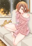  2018 animal aran_sweater arm_up artist_name bangs barefoot brown_eyes brown_hair cat closed_mouth collarbone commentary_request couch earrings eyebrows_behind_hair fingernails hand_in_hair head_tilt indoors jewelry long_sleeves looking_at_viewer night night_sky off-shoulder_sweater on_couch original pink_sweater sheepd sitting sky sleeves_past_wrists smile solo star_(sky) starry_sky sweater thighs toenails twitter_username window wooden_floor 