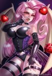  2018 alternate_species apple armwear bat_wings blood breasts cleavage clothed clothing corset digital_media_(artwork) eyelashes fangs female fingerless_gloves flutterbat_(mlp) fluttershy_(mlp) food friendship_is_magic fruit gloves hair hi_res humanoid humanoidized lingerie long_hair membranous_wings my_little_pony open_mouth pink_hair pointy_ears racoon-kun red_eyes solo tongue tongue_out winged_humanoid wings 