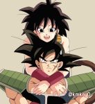  1girl :d armor arms_around_neck bardock bare_arms bare_shoulders black_eyes black_hair chin_on_head chin_rest dragon_ball frown gine grey_background happy hug hug_from_behind karamikan_(luckysky) looking_at_another looking_up lowres nervous open_mouth scar serious shaded_face short_hair simple_background smile spiked_hair sweatdrop twitter_username upper_body 