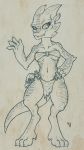 2018 4_fingers anthro breasts clothed clothing dfectivedvice female horn kobold midriff navel sketch smile solo traditional_media_(artwork) wide_hips 