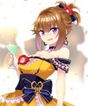  alternate_costume brown_hair cocktail_glass commentary cup dress drinking_glass flower girls_frontline grizzly_mkv_(girls_frontline) hair_flower hair_ornament hair_ribbon purple_eyes ribbon s1145 solo strapless strapless_dress yellow_dress 